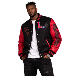Chaqueta Varsity Letterman para Hombre, Negra y Roja, con Cierre de Broches, Bordada, Estilo Urbano, Chaqueta Bomber - Product Image 1