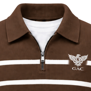 Pull tricoté marron rayé pour homme, col zippé, manches longues, poignets et ourlet côtelés, idéal pour la vente en gros - Product Image 5
