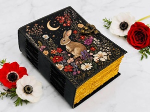 Diario de cuero artesanal de 200 hojas con borde deshilachado, estilo vintage, con candado antiguo, diseño de conejo en acuarela, estilo Grimorio y temática de hierbas y herencia - Product Image 1
