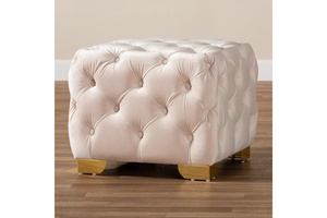 Pouf de style touffeté en tissu rose bébé au design moderne de luxe, tabouret gonflé avec jambe dorée pour le salon - Product Image 2