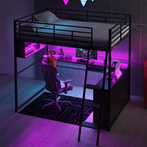 Letto a soppalco in metallo nero a grandezza naturale con scrivania a LED e 4 ripiani portaoggetti - Product Image 4