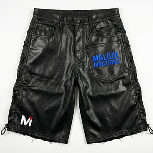 Shorts en cuir noir pour homme, style streetwear, hip hop, urbain, motard, design à lacets, Maluza Industries - Product Image 1