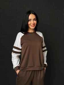 Survêtement pour femme gris anthracite et blanc color-block, sweat-shirt à col rond avec manches raglan rayées et poignets assortis - Product Image 3