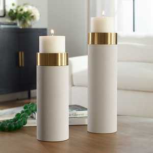 Modern White Leather & Gold Metal Pillar Candle Holder <b>Set</b> Elegant Minimalist Design Round Shape For Luxury Home Decoration - Product Image 1