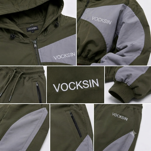Vocksin <b>Women's</b> Olive Green Cropped Hooded Windbreaker Tracksuit Waterproof Zipper <b>Jacket</b> Fleece Lining Quick-Dry Wide Leg - Product Image 3