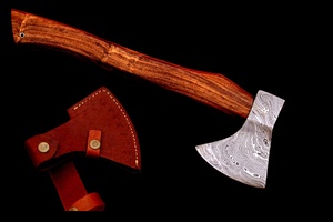 Hache de camping artisanale en acier Damas d'A&M ENTERPRISES avec manche en bois naturel et étui en cuir assorti, haches rustiques pour l'extérieur - Product Image 5