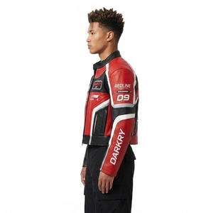 Mens Red Black Leather Motorcycle Biker <b>Racing</b> <b>Jacket</b> Custom Color Block Panel Stand Collar Zip Up Slim Fit Streetwear Coat - Product Image 4