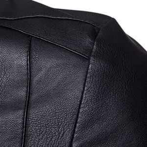 Men's <b>Black</b> Genuine Leather <b>Jacket</b> Stand Collar Zipper Closure Slim Fit Moto Biker Style Autumn Wear Regular Sleeve Solid Color - Product Image 6
