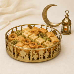 Stylish <b>Gold</b> Metal Ramadan <b>Serving</b> <b>Tray</b> Laser Cut Mosque Design Eid Mubarak Food Plate Islamic Table Decoration for Home Party - Product Image 4