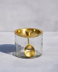 Premium Gold Brass Finish Glass Jar Set Hammered Texture Food Storage Canister Dessert & Candy Jar with Serving Spoon Canister - Product Image 3