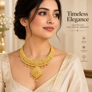 Collier ras du cou et boucles d'oreilles élégants |   Ensemble de bijoux de mariage indiens de créateur |   Bijoux de mariée en cuivre et laiton finition or 24 carats pour femmes - Product Image 4