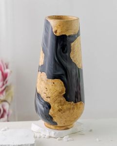Modern Art Deco Wooden Resin Vase Round Glossy Black Gold Handmade Tabletop Floral Display - Product Image 2