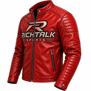<b>Men's</b> <b>Red</b> Genuine <b>Leather</b> Eco-Friendly Moto <b>Jacket</b> Stand Collar Zipper Front Logo Slim Fit Winter Style - Product Image 3