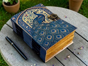 Diario de Cuero de Pavo Real Hecho a Mano, Cuaderno Floral Vintage con Borde Irregular, Diario Celestial, Libro de Escritura, Regalo Personalizado - Product Image 3