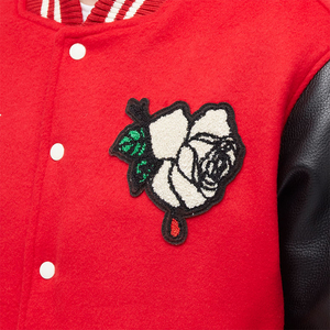 Veste universitaire pour homme sur mesure de qualité supérieure, en laine rouge, patchwork, broderie, streetwear, bomber, veste de letterman, manches en cuir, coupe unisexe - Product Image 4