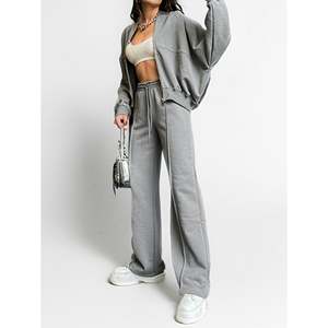 Women's Casual Winter 2 Piece Jogger Sets Oversized Sweatsuit Full <b>Zip</b> Long Sleeve Sweatshirt Wide Leg Sweatpants 100% Cotton - Product Image 5