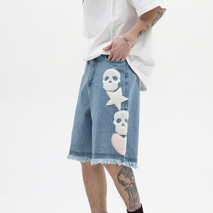 High Waisted Black Denim Bermuda <b>Shorts</b> With <b>White</b> Skull Appliques Gothic Style <b>Men's</b> <b>Shorts</b> Button Fly Design - Product Image 4
