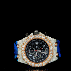Montre de luxe avec bracelet en caoutchouc camouflage bleu - Montre chronographe avec lunette en or rose et moissanite - Montre sport sertie de diamants VVS - Product Image 4