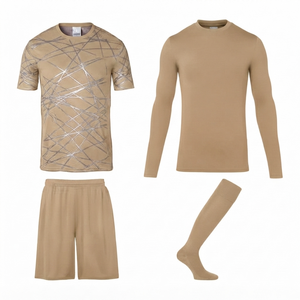 Ensemble de maillots de football personnalisés beiges en gros, tissu maillé à séchage rapide, col et manches courtes, taille élastique, vêtements d'entraînement pour adultes 100% - Product Image 1