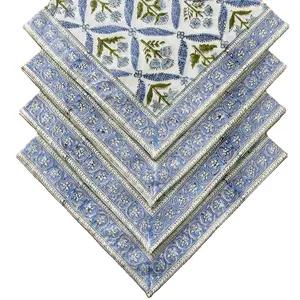 प्रकाश इस्पात नीले जैतून का ग्रीन भारतीय पुष्प हाथ ब्लॉक मुद्रित कपास कपड़ा नैपकिन आकार 20x20 "के सेट 4,6,12,24,48 शादी भी