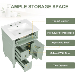 Mobile Bagno Verde da 24 Pollici con Lavabo, Cassetto Ribaltabile, Ripiano Regolabile in Legno di Gomma Massiccio, Prodotto di Qualità Premium - Product Image 3