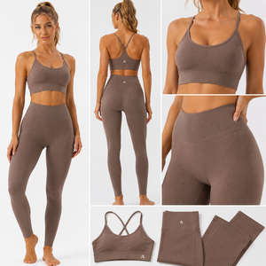 Conjunto de yoga acanalado sin costuras para mujer: leggings de cintura alta y sujetador deportivo con espalda cruzada para fitness y gimnasio - Product Image 5