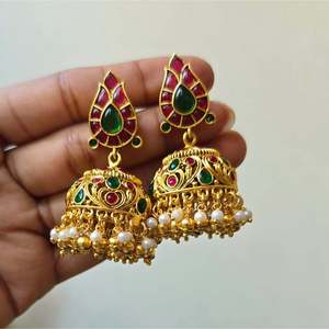 Brass Jhumki Earrings with Kemp Stones Gold Plated Ethnic Jewelry for Wedding and Party - Product Image 3