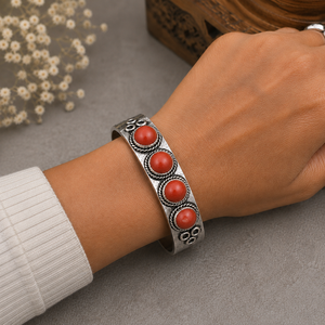 <b>Red</b> Handmade Vintage Coral Four Stone Boho Wide Cuff Bangle Gold Plated Oxidized Silver Finish Brass Jewelry - Product Image 2
