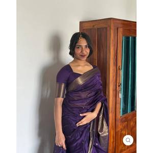 ZARI DE SEDA DE LINO A LA MODA TEJIDO TRABAJO SAREE CON BLUSA DESCOSTADA PÚRPURA - Product Image 1