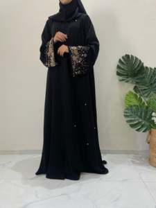 Luxury Breathable Handmade Black Beaded Polyester Abaya <b>Long</b> Sleeve Floor Length Elegant Modest <b>Dress</b> <b>for</b> Women <b>Eid</b> Prayer Wear - Product Image 5