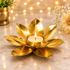 Portavelas de Metal de Dos Niveles con Diseño de Flor de Loto, Dorado, para Velas de Té, Decorativo para Mesa, para el Hogar - Product Image 1
