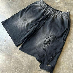 OEM Custom <b>High</b> Quality French Terry 100%Cotton Rhinestones Cut and Sew Pants Streetwear Distressed Men Acid Wash Shorts - Product Image 1