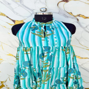 Robe à volants en coton imprimé à la main motif botanique turquoise, avec tissu aérien et respirant, silhouette décontractée - Product Image 5