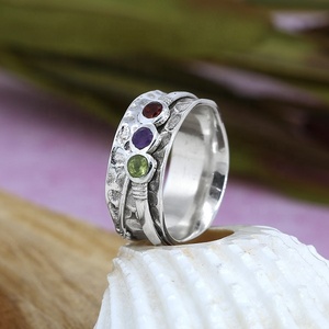 3 Stone 925 Sterling Silver Minimalist <b>Spinner</b> <b>Ring</b> Hammered Wide Band Bezel Set Gemstone Meditation Anxiety <b>Ring</b> for Women - Product Image 4
