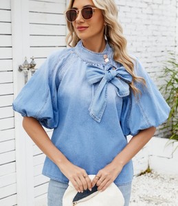 Women's Denim Blouse With Bowknot Mandarin Collar Short <b>Balloon</b> Sleeve Loose Fit Spring Summer Casual Top - Product Image 3