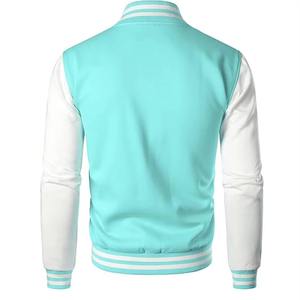 Mint Blue Varsity Bomber <b>Jacket</b> <b>White</b> Sleeves Stand <b>Men</b> Unisex Baseball Style Button Rib Trim Custom logo Option Casual - Product Image 4
