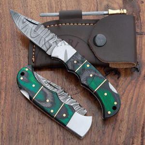 Handmade Industrial Grade Damascus Steel Folding Knife Set Green <b>Resin</b> Wood Handle Leather Sheath Fire Starter Outdoor EDC <b>Kit</b> - Product Image 1