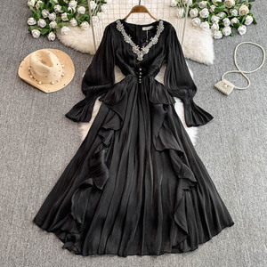 Nuovo abito da donna in Chiffon stile francese di fascia alta nuovo elegante abito Maxi con scollo a V sottile e arricciato lungo - Product Image 3