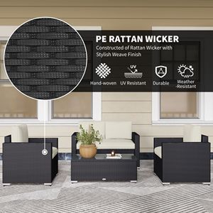 Set Divano 4 Pezzi in Rattan Crema con Poltrone, Tavolino da Caffè con Piano in Vetro, Mobili da Esterno in Vimini per Giardino, Ospedali, Palestre - Product Image 4