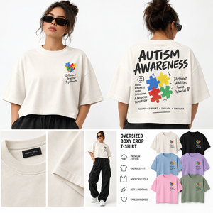 Custom Women's Crop <b>T</b>-<b>Shirt</b> <b>Autism</b> Awareness Heart Puzzle Print Loose Fit Casual Crew Neck Short Sleeve 100% Cotton Digital - Product Image 2