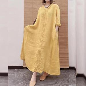 Robe longue en mélange de coton et de lin, style bohème chic, col rond, demi-manches, coupe ample et décontractée, tenue tendance pour femme - Product Image 3