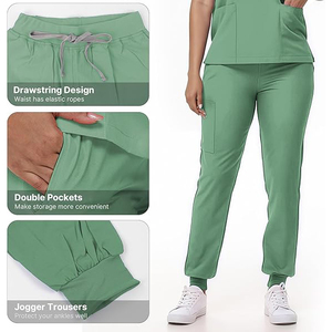 Women's Green Hospital <b>Scrub</b> <b>Set</b> with Pockets Cotton Woven Fabric Pants and Top - Product Image 2