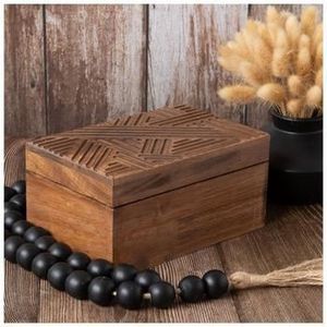 Boîte à bijoux en bois rectangulaire sculptée au design minimaliste, boîte de rangement à un seul niveau pour la chambre à coucher, utilisation décorative - Product Image 2