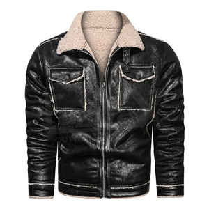 Veste en cuir PU noir pour homme, col rabattu, fermeture éclair, doublure en sherpa, style motard, manteau d'hiver - Product Image 2