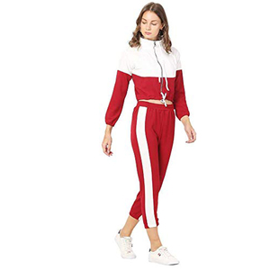 Sweat-shirt décontracté pour femme à col montant et fermeture éclair, manches longues, color block, rouge et blanc, 100 % polyester, pour l'automne - Product Image 3