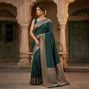 Sari en soie Banarasi vert foncé royal avec broderie Zari or antique |   Sari de mariée traditionnel indien pour fête de mariage, sans plis - Product Image 1