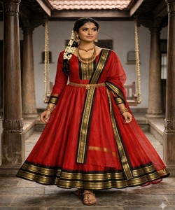 VESTIDO TRADICIONAL DE ALGODÓN CON BORDADO DE ENCAJE JACQUARD Y DUPATTA, ROPA FESTIVA, PRECIO AL POR MAYOR, PRENDAS ÉTNICAS, ROJO - Product Image 1