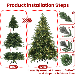 Albero di Natale Artificiale da 1,5 m con 1419 Rami Misti, 300 Luci LED Bianco Caldo, Filo d'Acciaio Incernierato, Foglie Realistiche in PE/PVC - Product Image 4