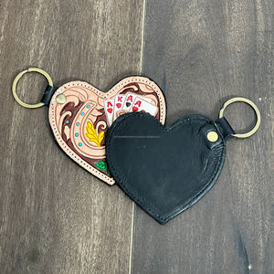 Personalized Genuine Cow <b>Leather</b> Heart Keychain Western Tooled Horseshoe Poker Card Design Handmade <b>Key</b> Ring Gift for Unisex - Product Image 6