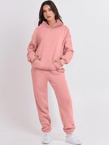 Women <b>Pink</b> Hooded <b>Tracksuit</b> Full Length Loose Fit Solid Color Casual Sweatshirt And Pants Set With Drawstring Closure - Product Image 2